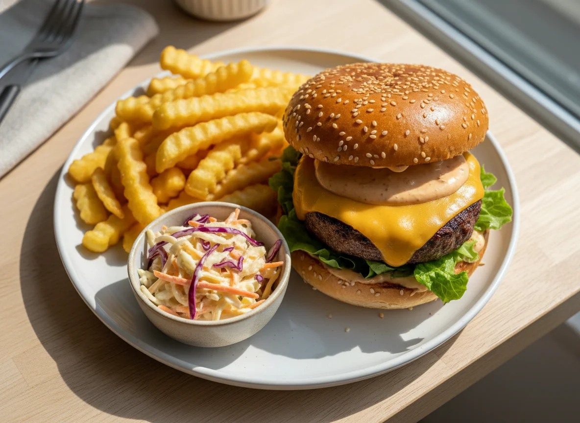 Cheeseburger mit Pommes Frites und Coleslaw photo