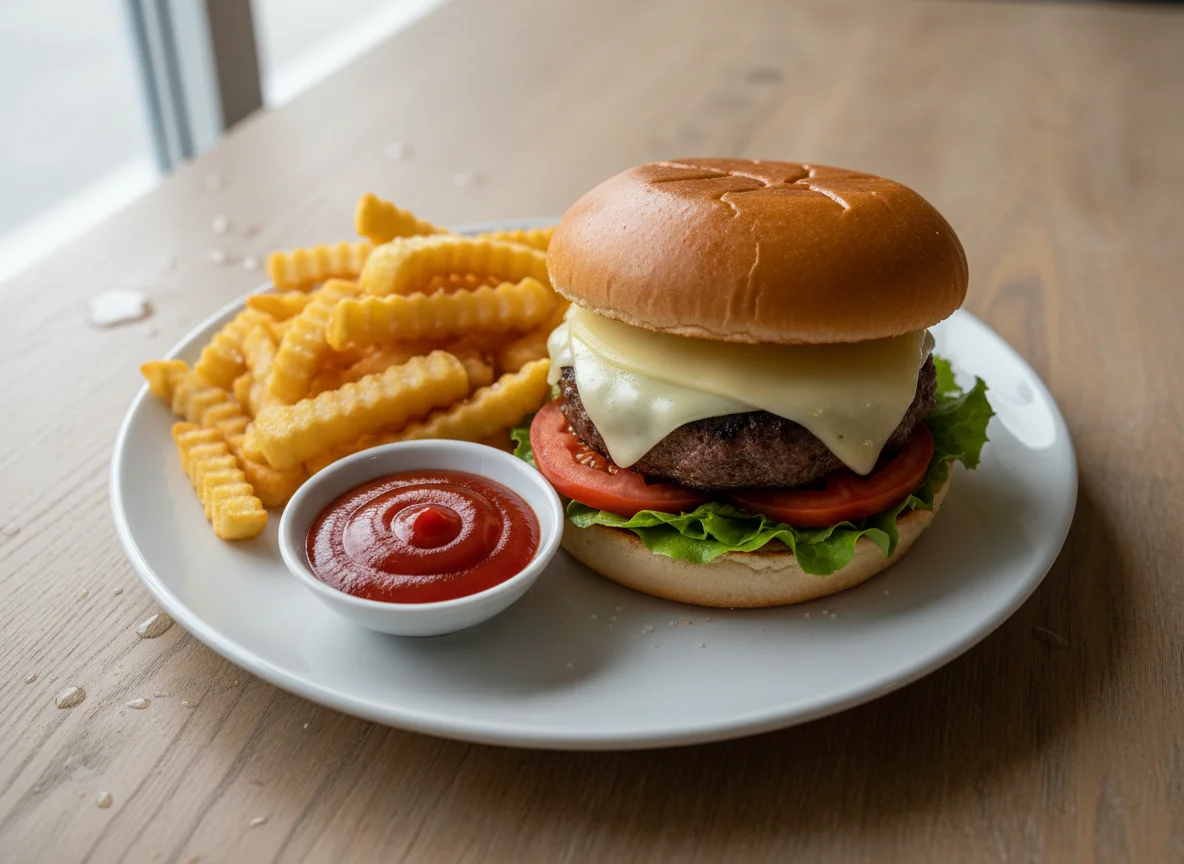 Cheeseburger mit Pommes Frites und Ketchup photo