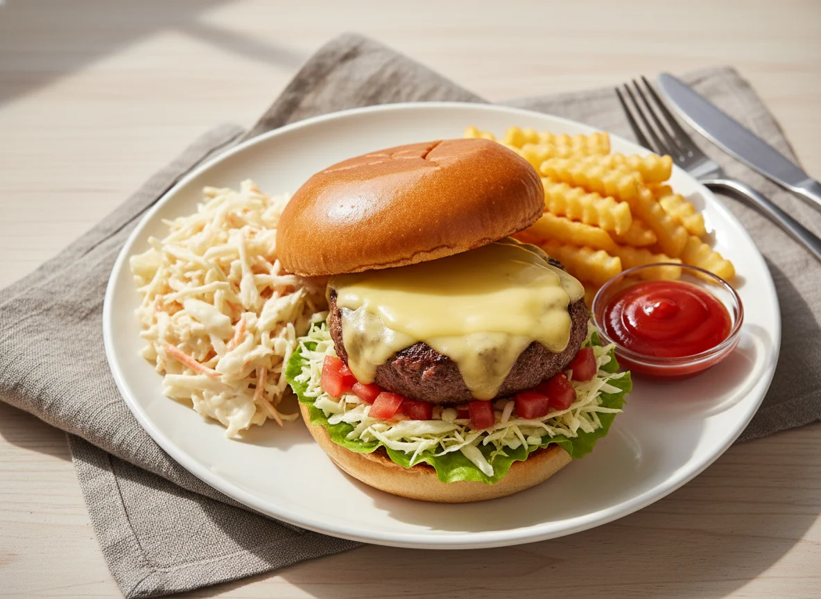 Cheeseburger mit Pommes Frites und Krautsalat photo