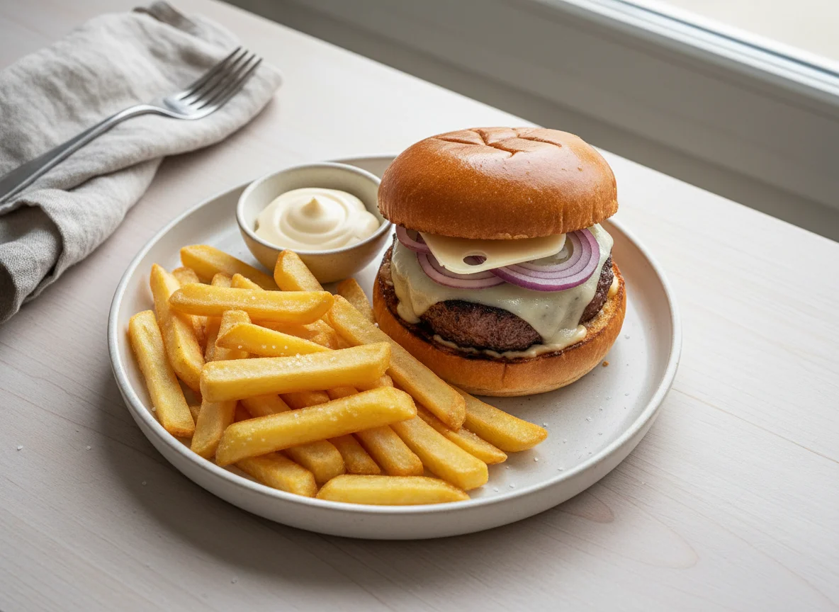 Cheeseburger mit Pommes Frites und Mayonnaise photo