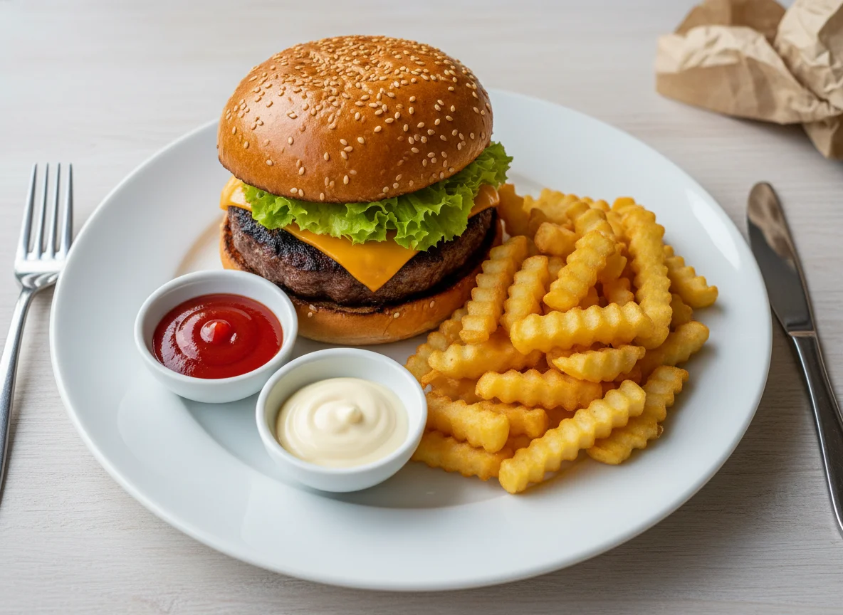 Cheeseburger mit Pommes Frites und Saucen photo