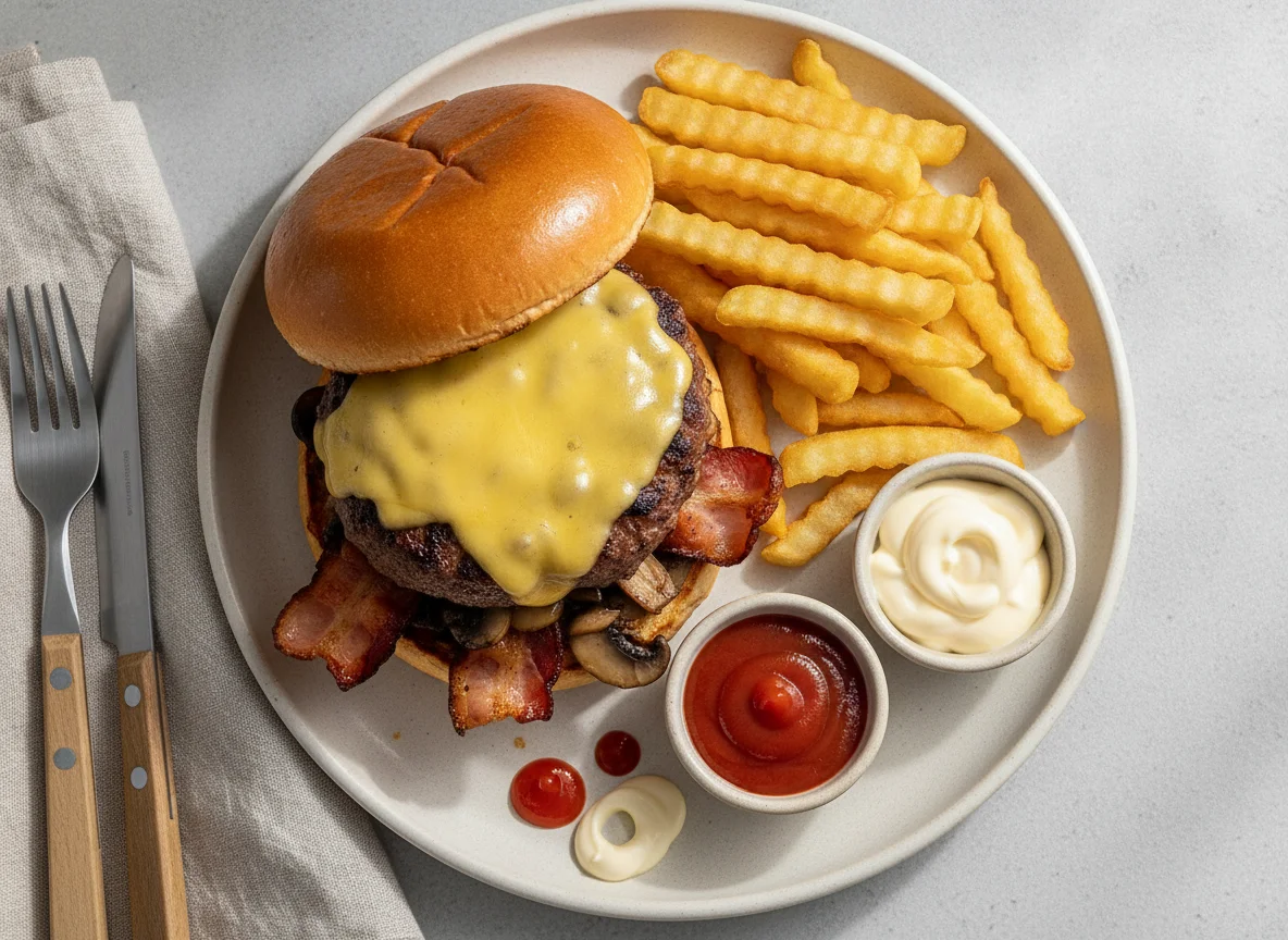Cheeseburger mit Pommes, Ketchup und Mayonnaise photo