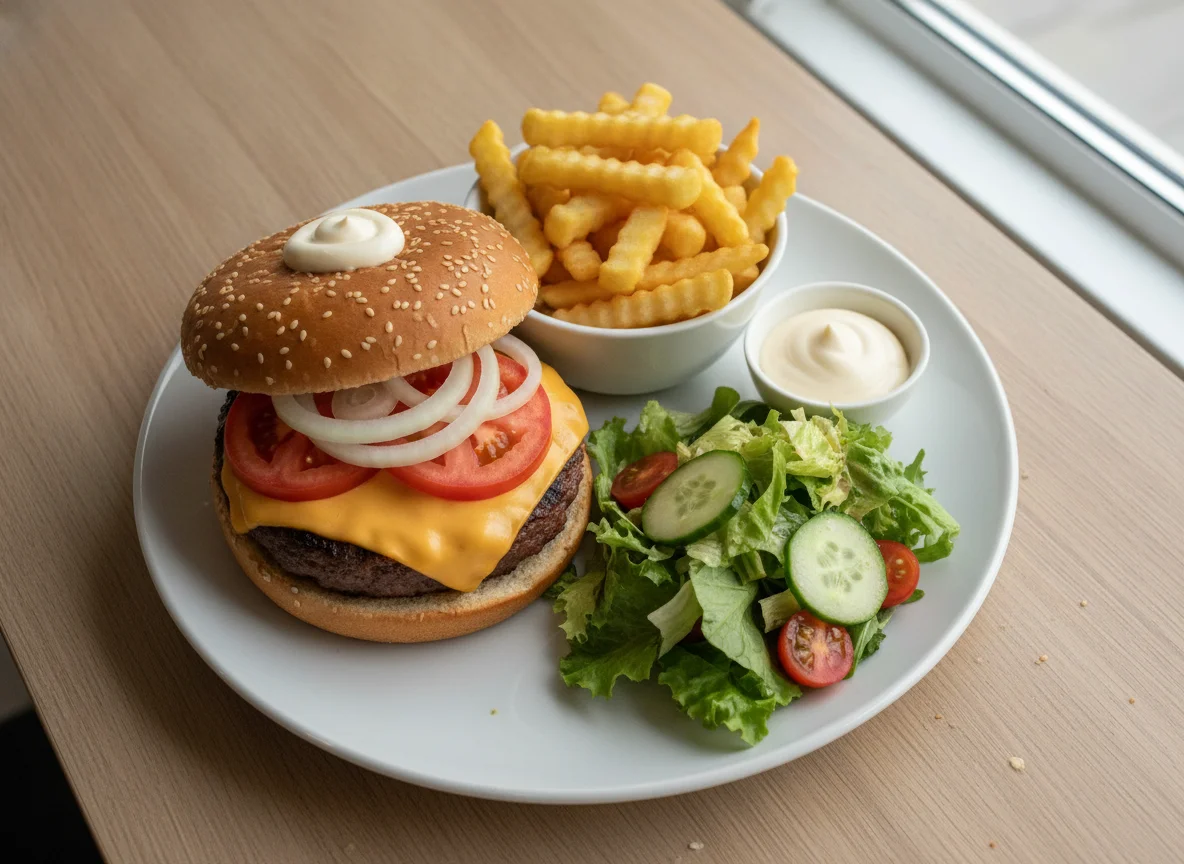 Cheeseburger mit Pommes und Beilagensalat photo