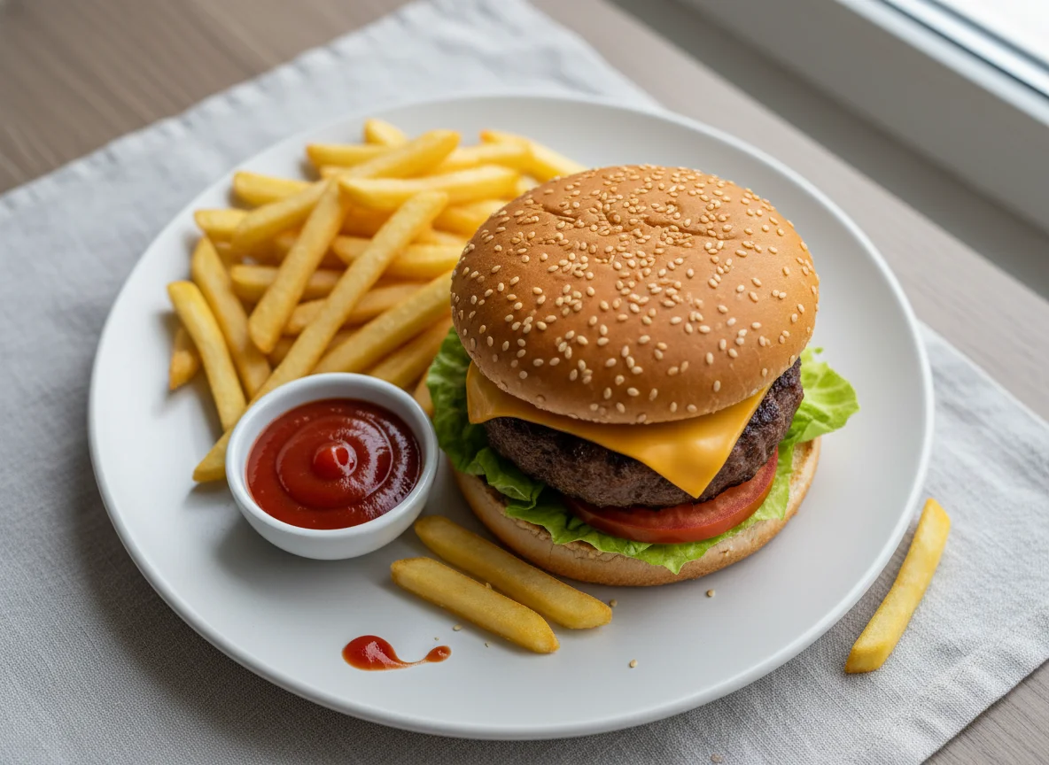 Cheeseburger mit Pommes und Ketchup photo