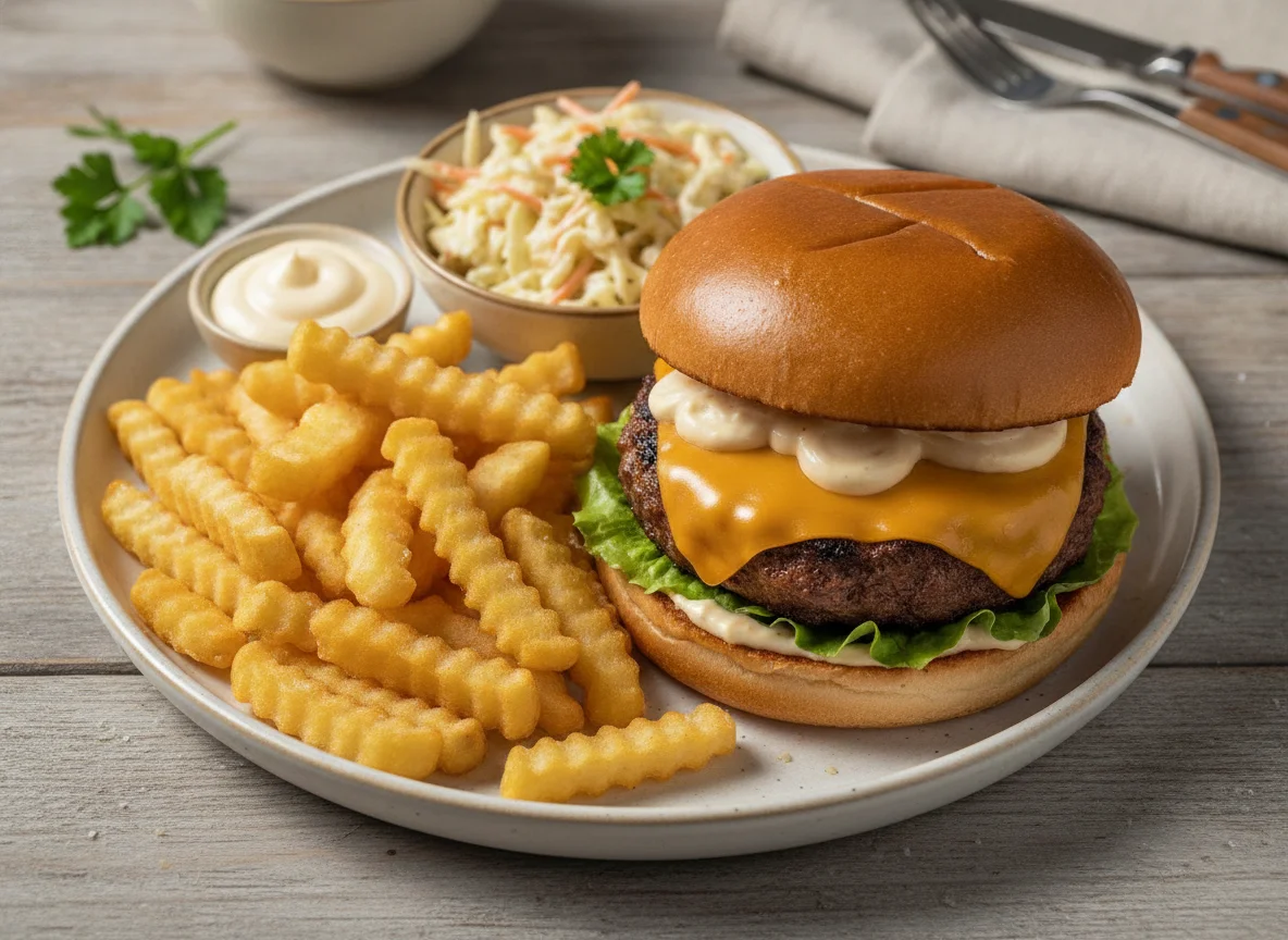 Cheeseburger mit Pommes und Krautsalat photo
