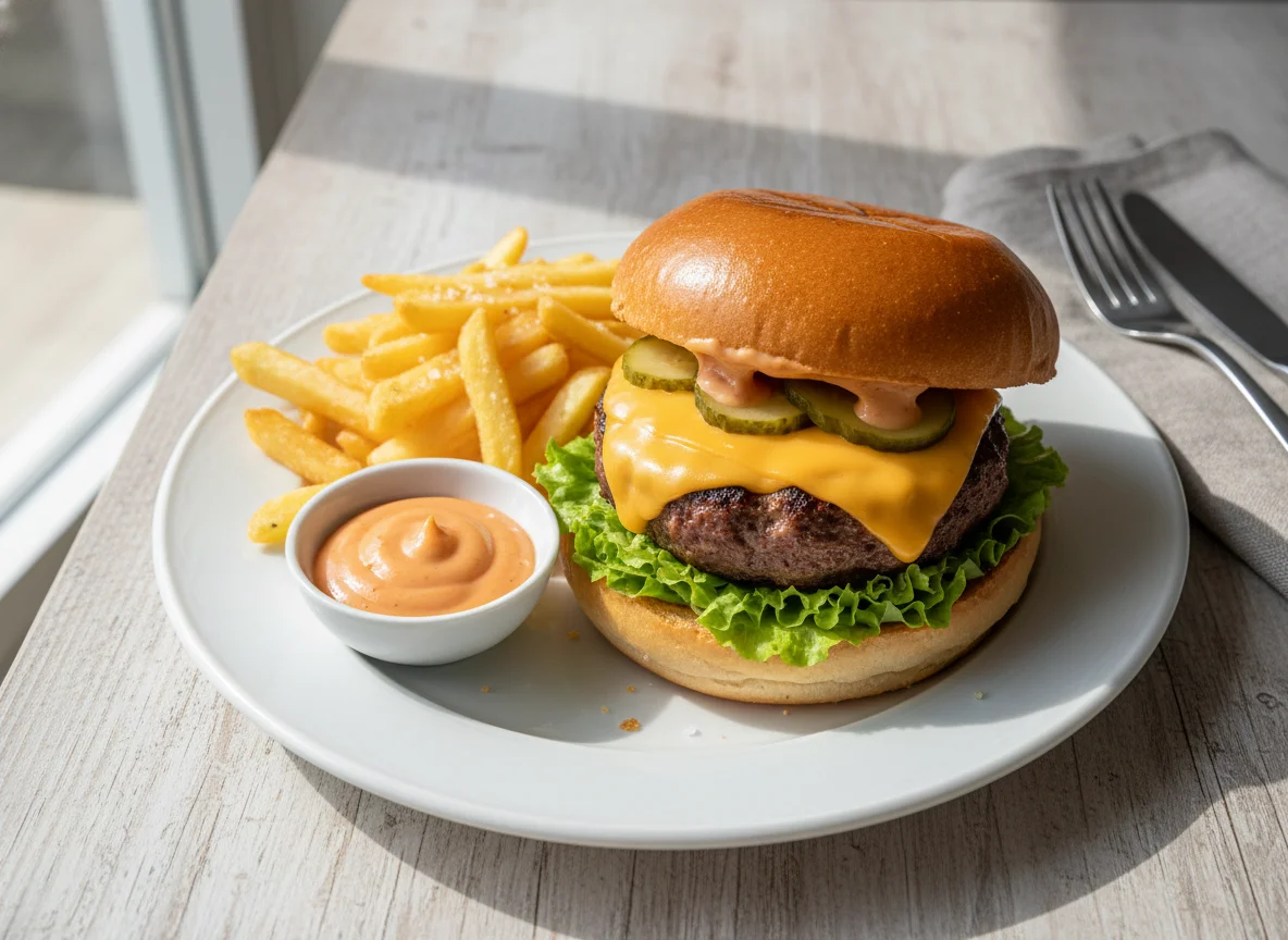 Cheeseburger mit Pommes und Sauce photo
