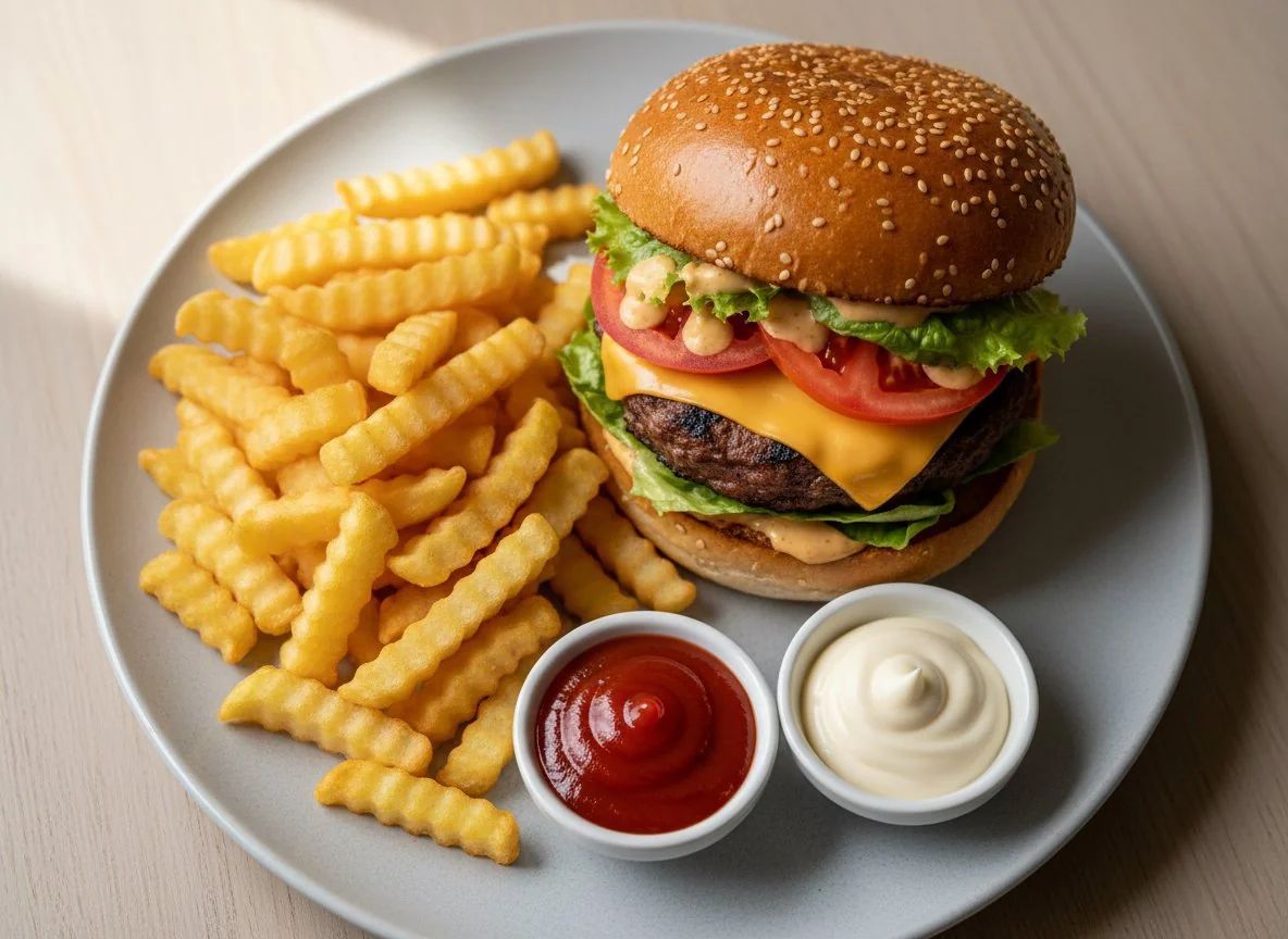 Cheeseburger mit Pommes und Saucen photo