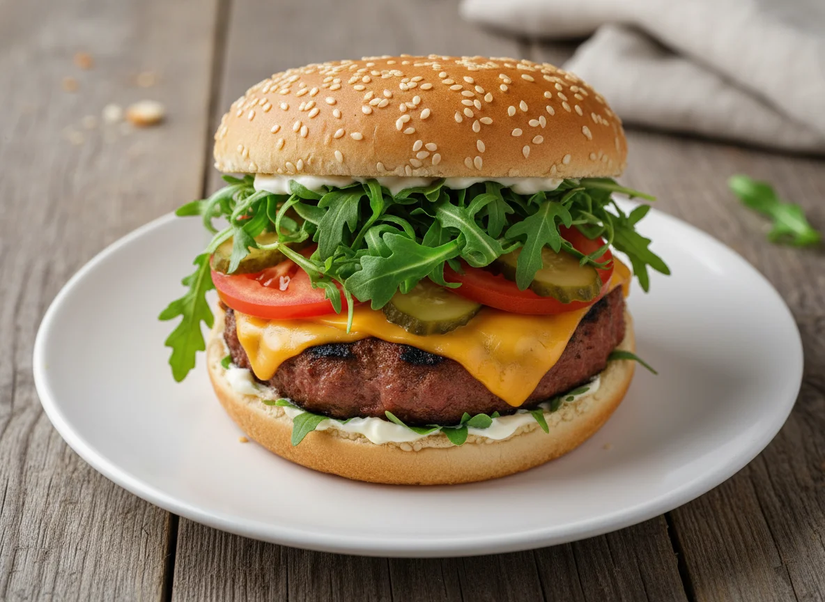 Cheeseburger mit Rucola photo