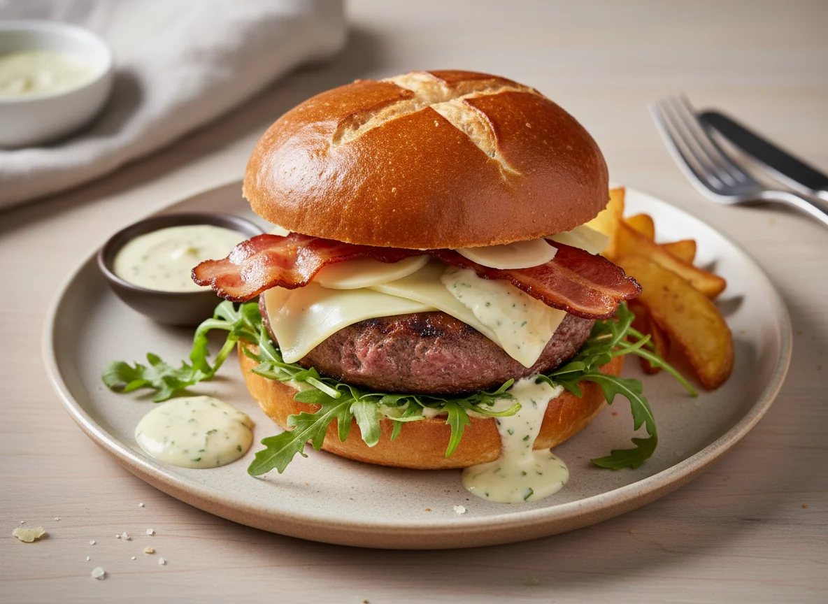 Cheeseburger mit Rucola und Sauce photo