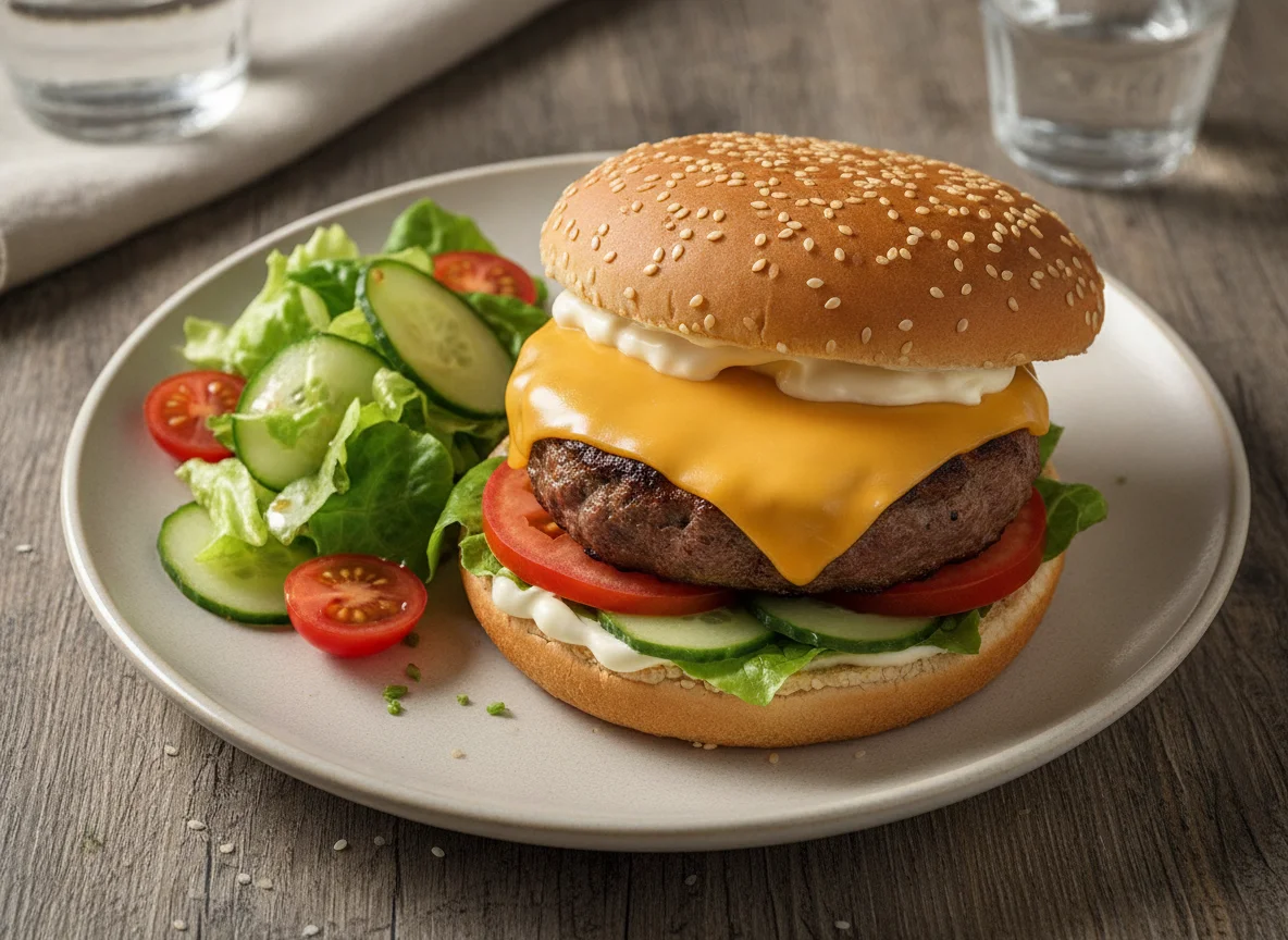 Cheeseburger mit Salat photo