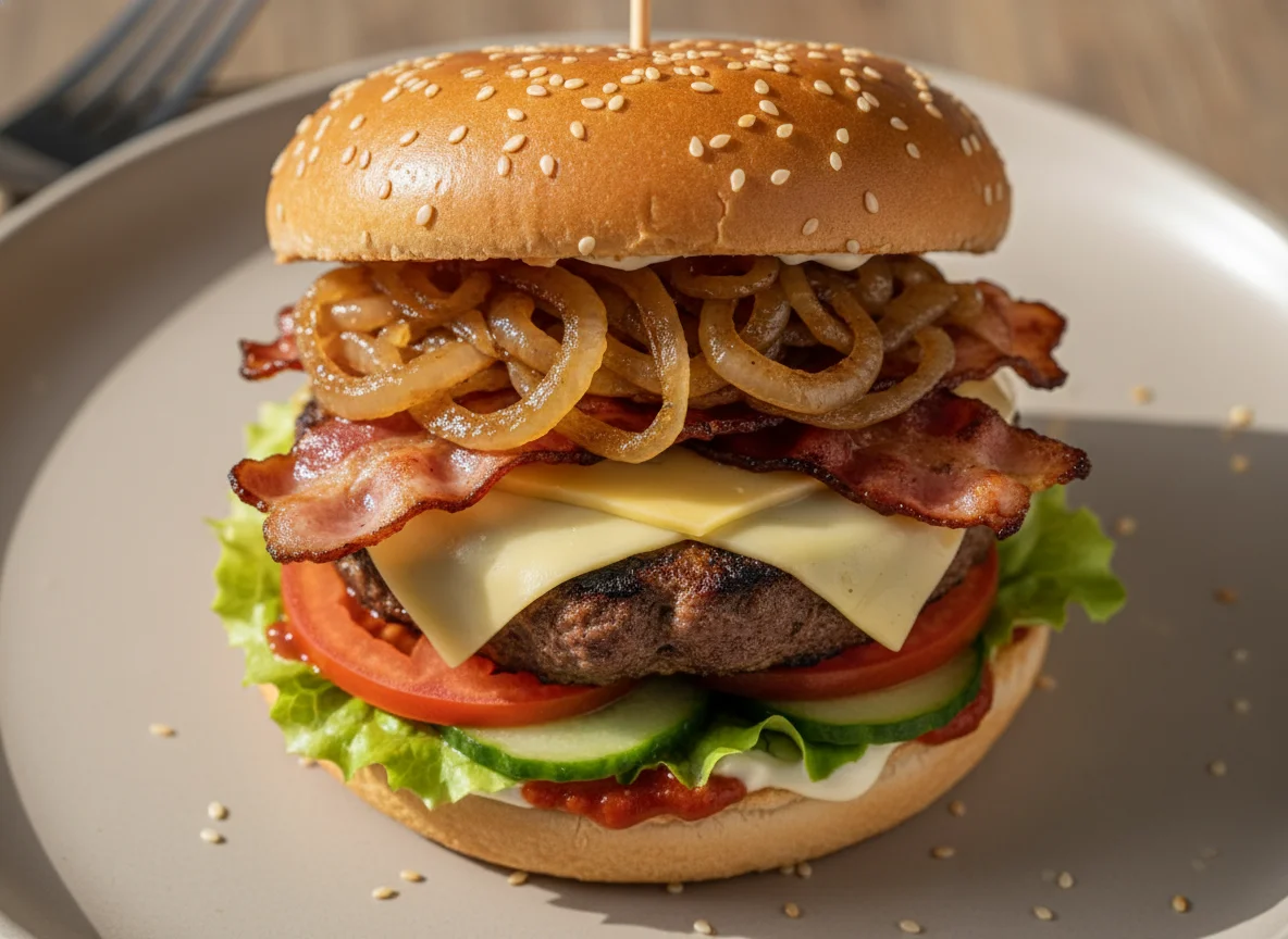 Cheeseburger mit Speck und karamellisierten Zwiebeln photo