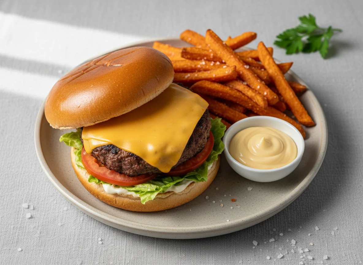 Cheeseburger mit Süßkartoffelpommes und Dip photo