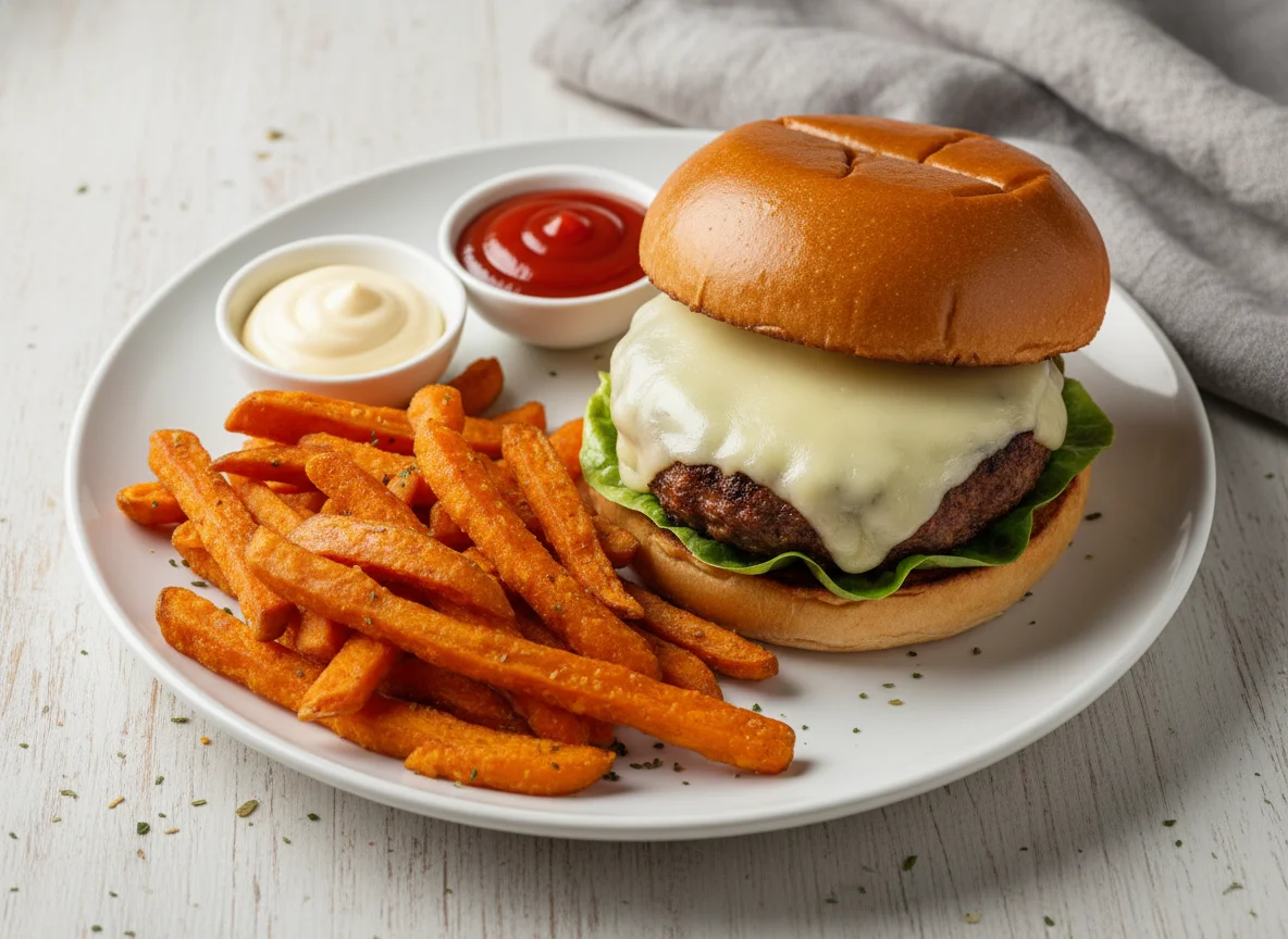 Cheeseburger mit Süßkartoffelpommes und Dips photo