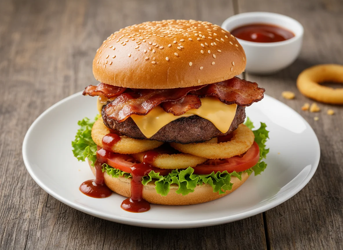 Cheeseburger mit Zwiebelringen und Speck photo