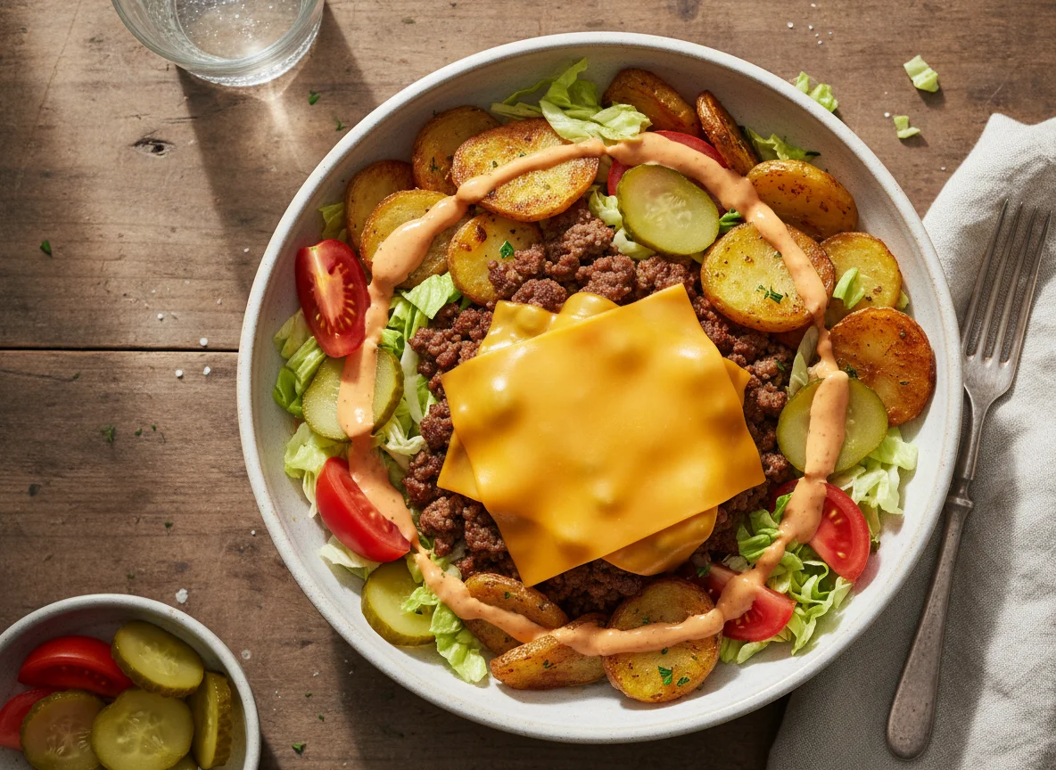 Cheeseburger-Bowl mit Bratkartoffeln photo