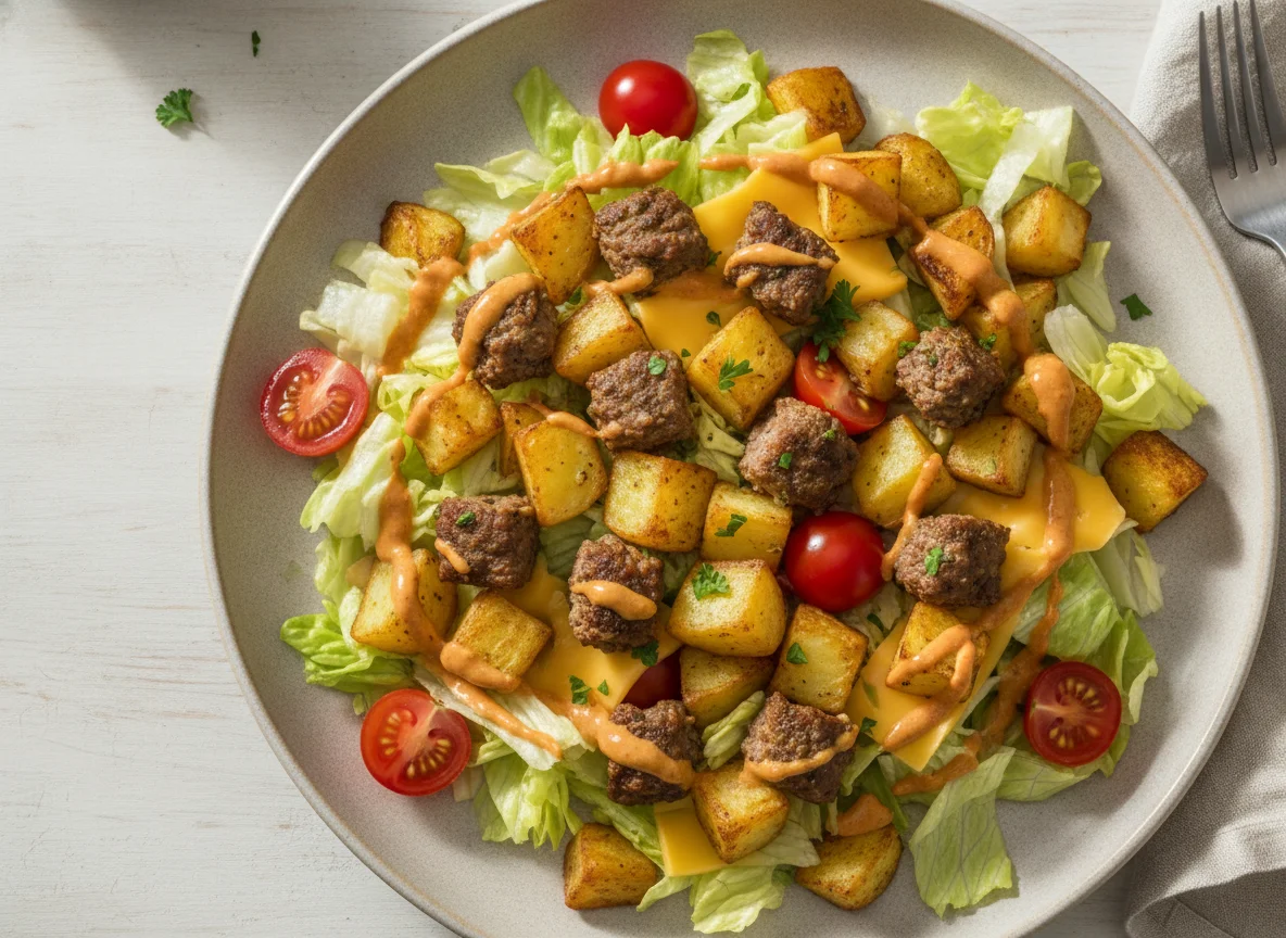 Cheeseburger-Salat mit Bratkartoffeln photo