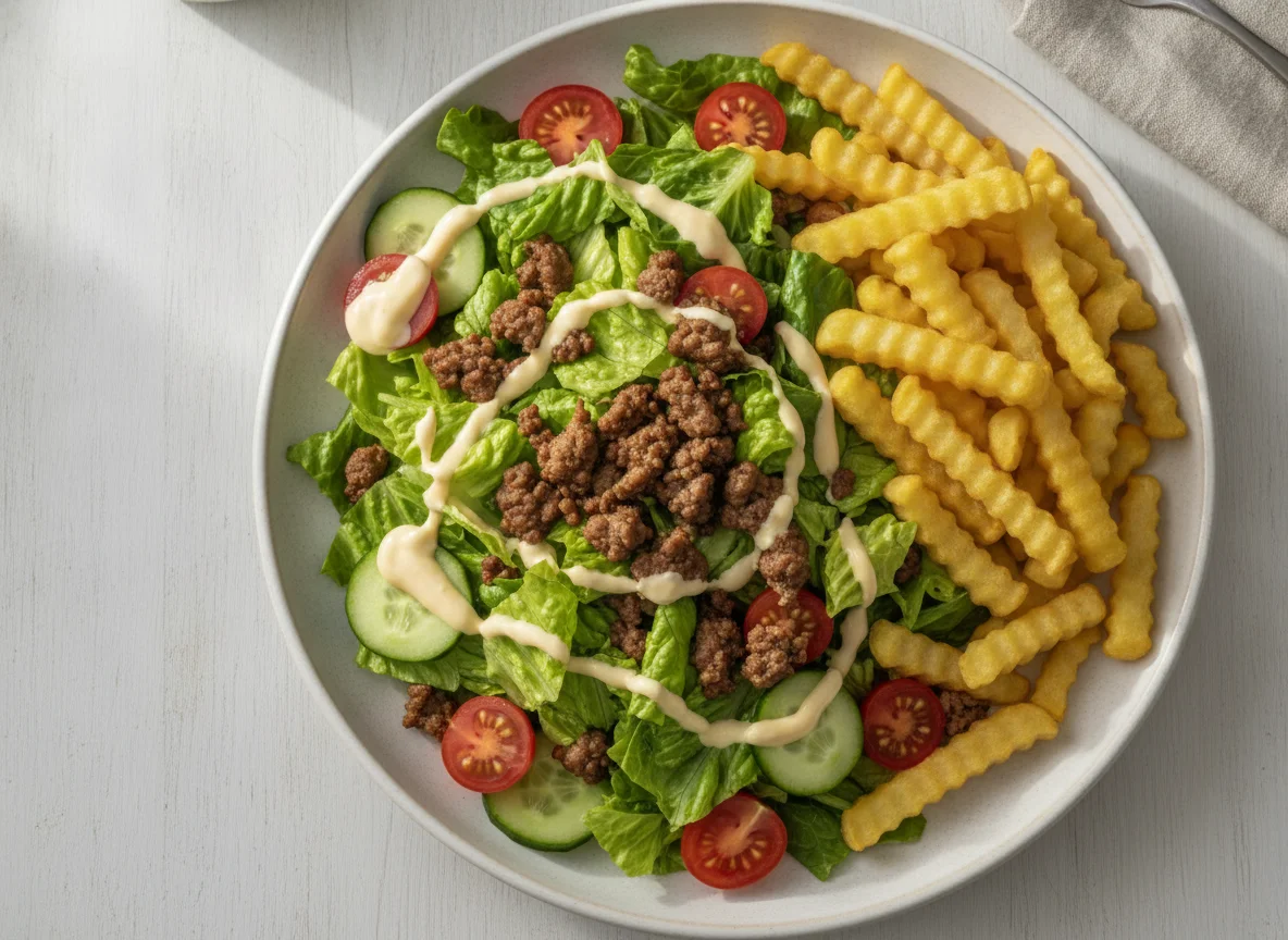 Cheeseburger-Salat mit Pommes photo