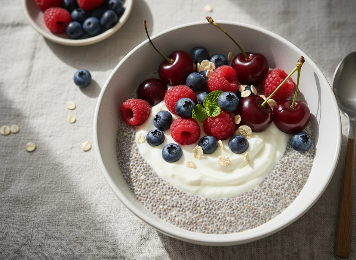 Chia Pudding mit Beeren und Joghurt photo
