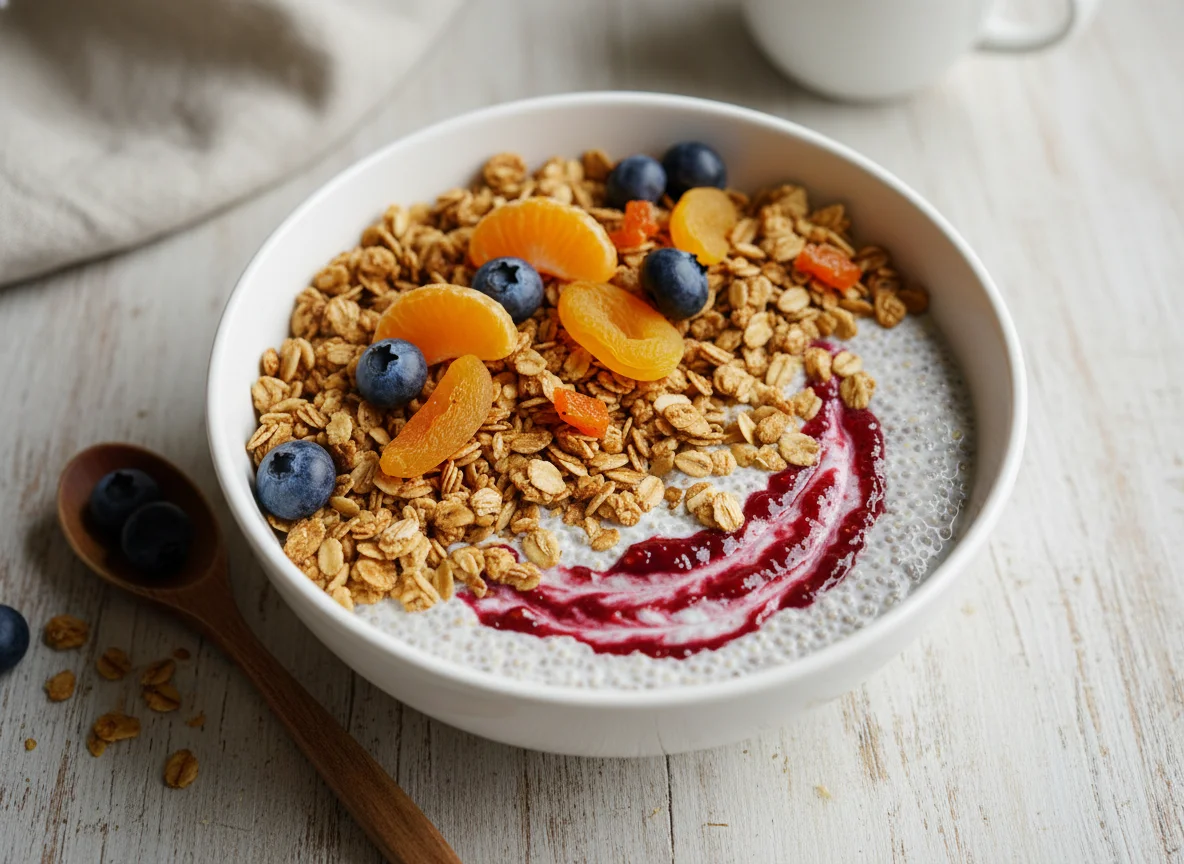 Chia Pudding mit Früchten und Müsli photo