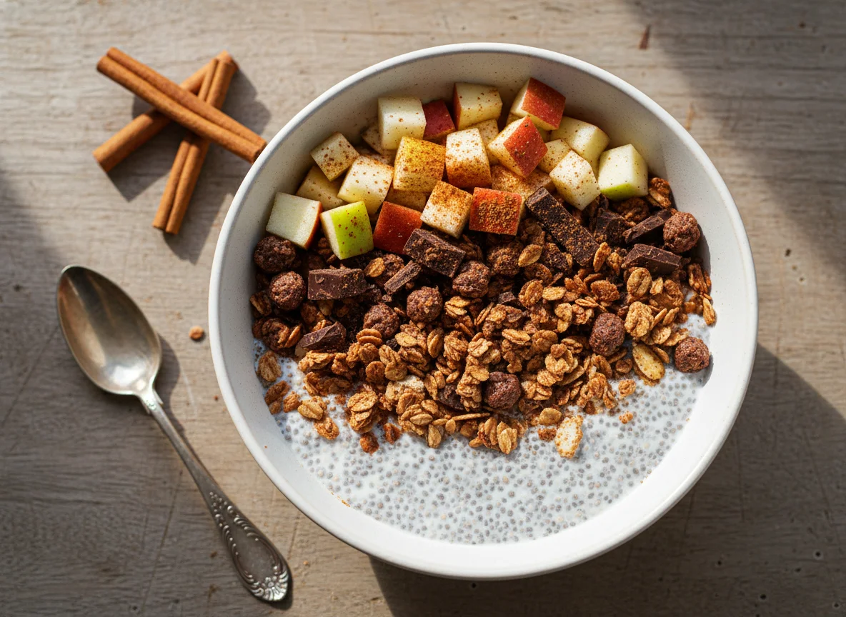 Chia Pudding mit Skyr, dunkle Schokolade, Müsli, Apfel und Zimt photo