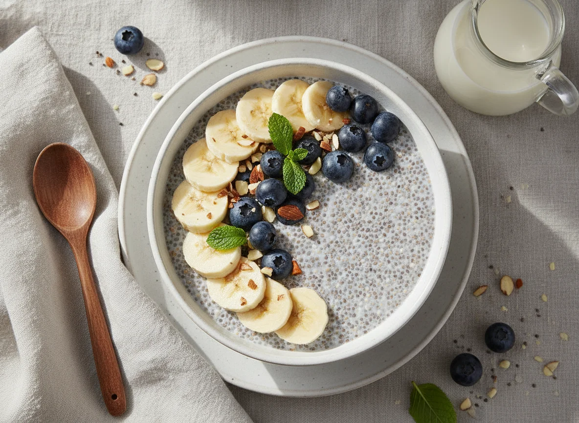 Chia-Pudding mit Banane und Blaubeeren photo