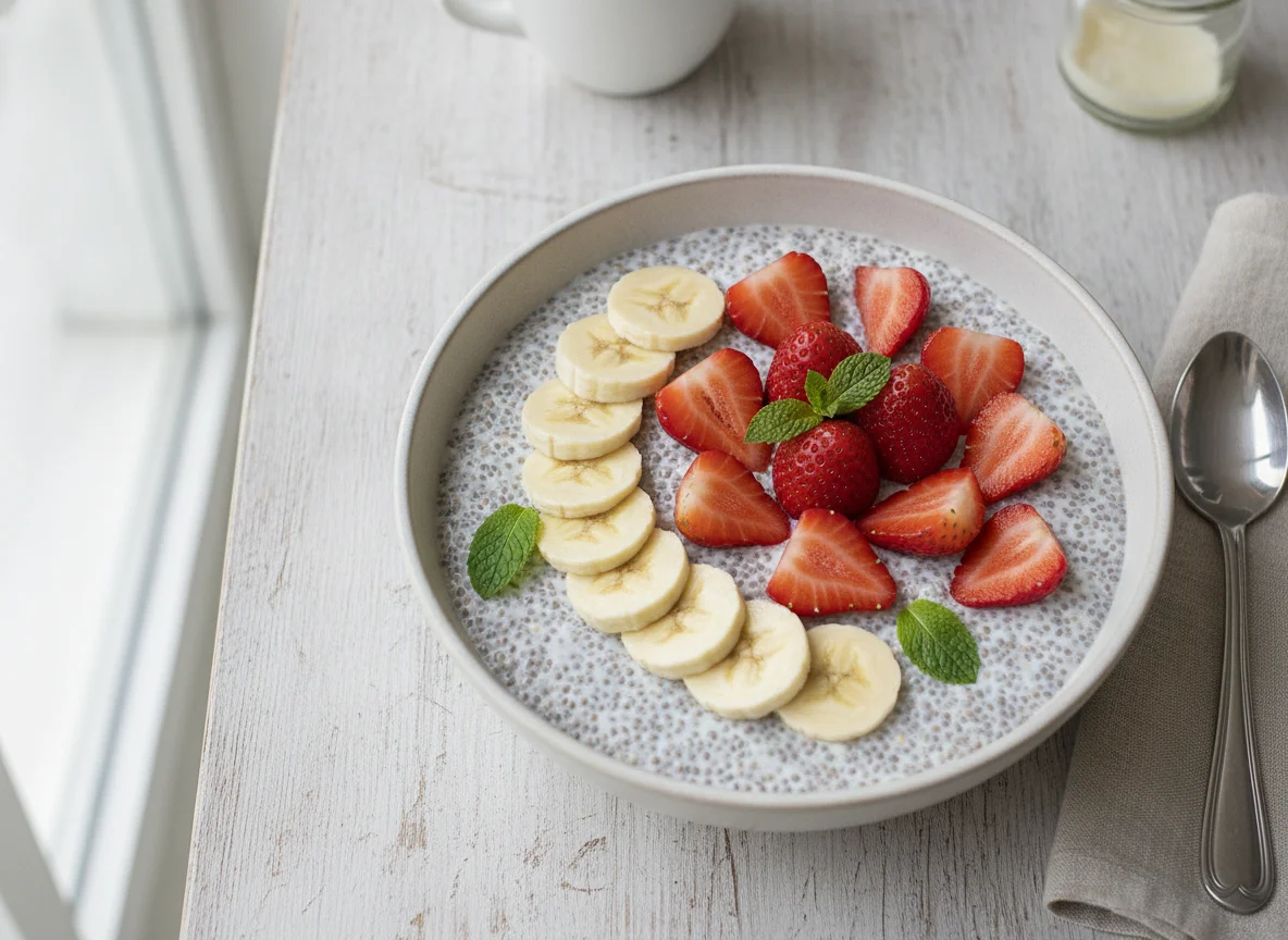 Chia-Pudding mit Banane und Erdbeeren photo