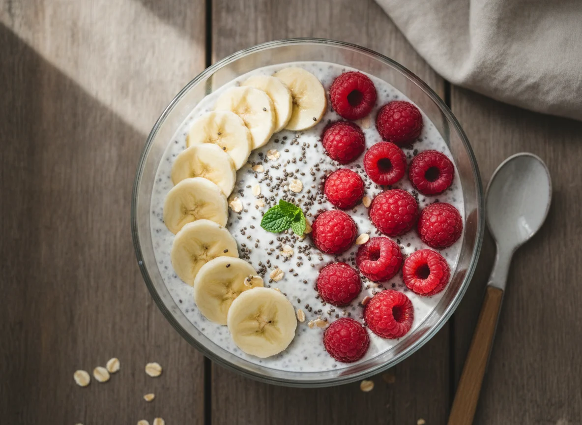 Chia-Pudding mit Banane und Himbeeren photo