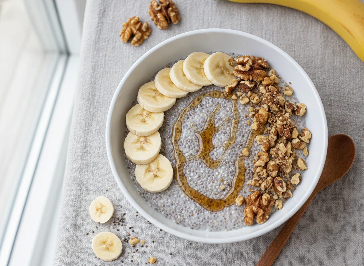 Chia-Pudding mit Banane und Walnüssen photo