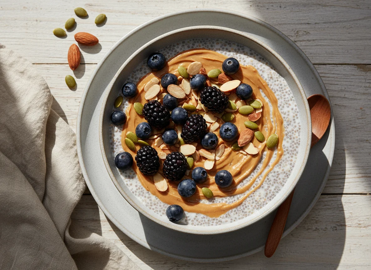 Chiapudding mit Beeren, Nüssen und Erdnussbutter photo