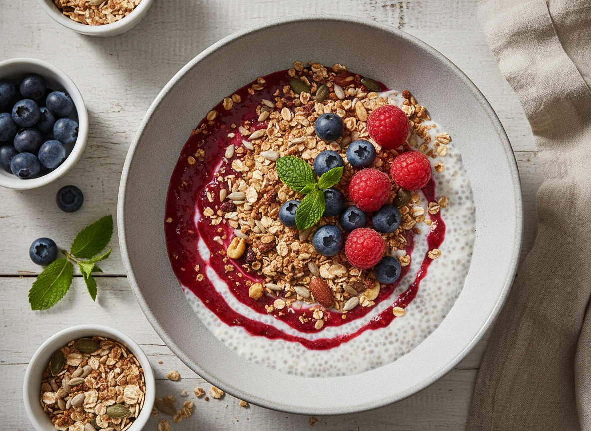 Chia-Pudding mit Beeren und Müsli photo
