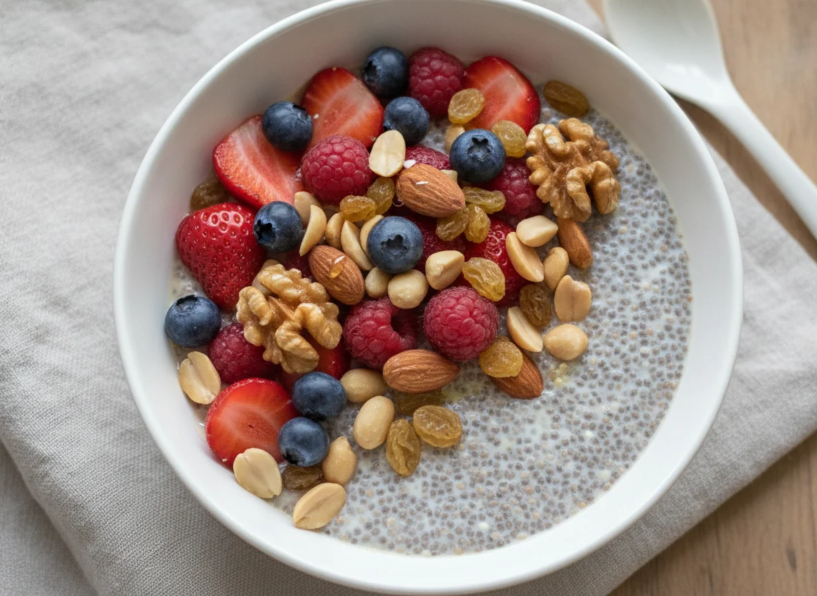 Chia-Pudding mit Beeren und Nüssen photo