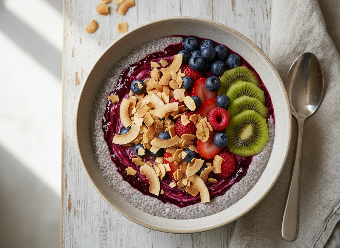 Chiapudding mit Beeren und Nüssen photo