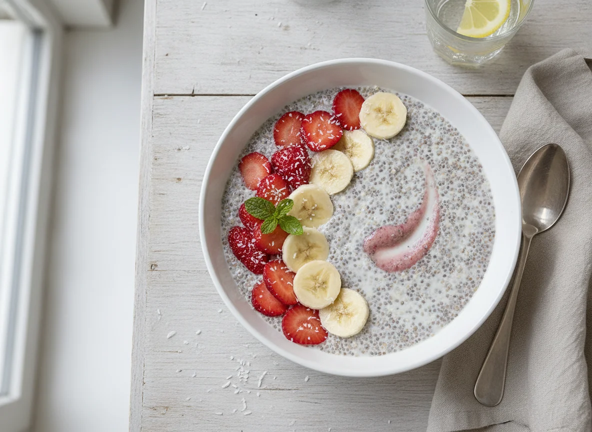 Chia-Pudding mit Erdbeeren und Bananen photo