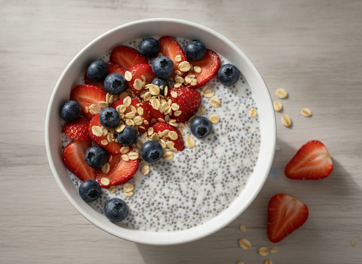 Chia-Pudding mit Erdbeeren und Blaubeeren photo
