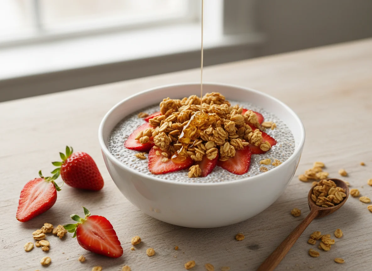 Chia-Pudding mit Erdbeeren und Granola photo