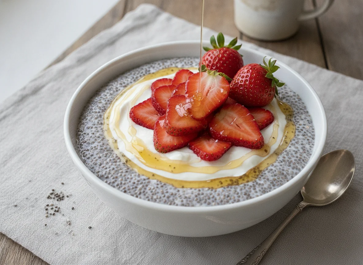 Chia-Pudding mit Erdbeeren und Honig photo