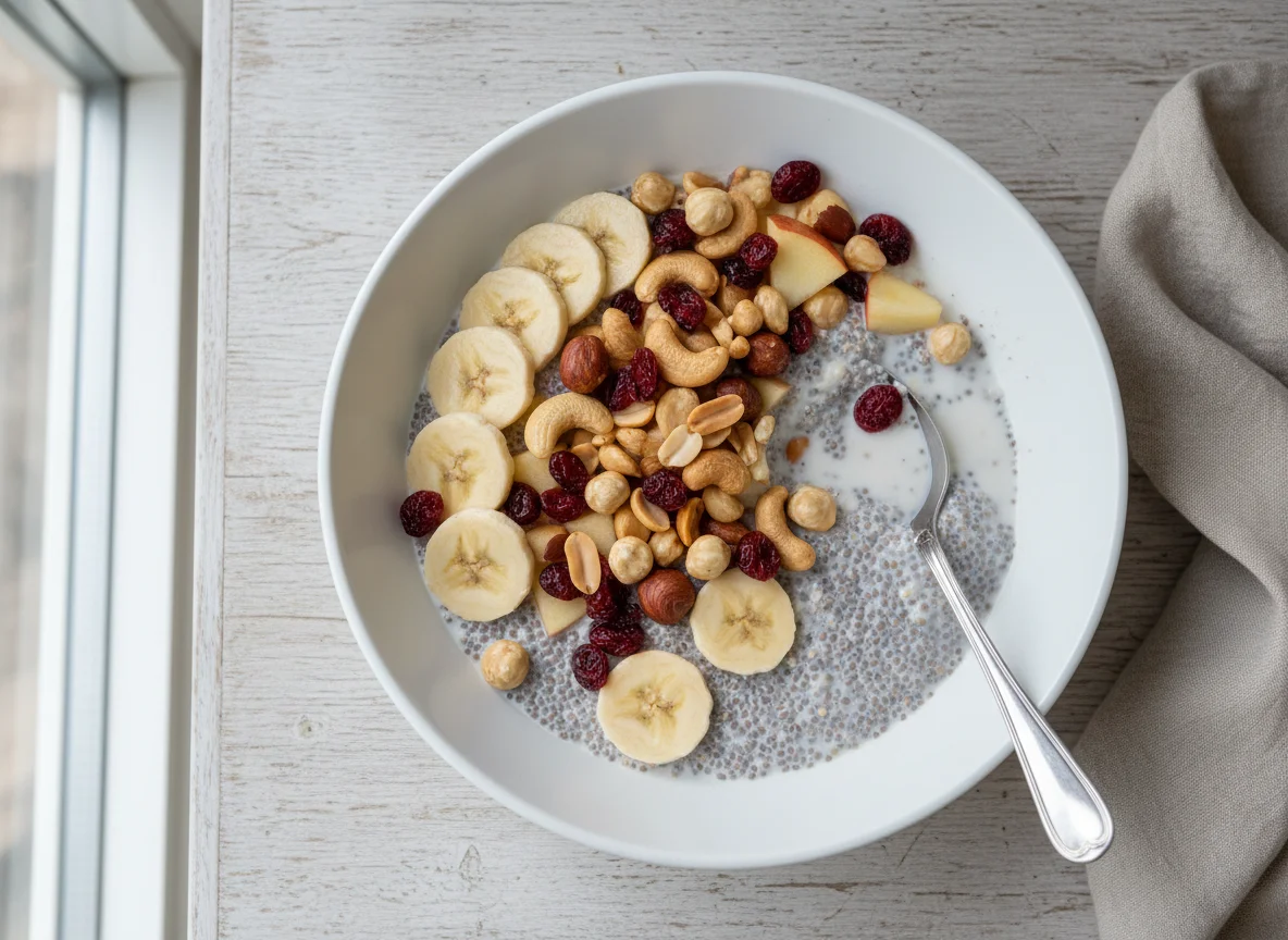 Chia-Pudding mit Früchten und Nüssen photo