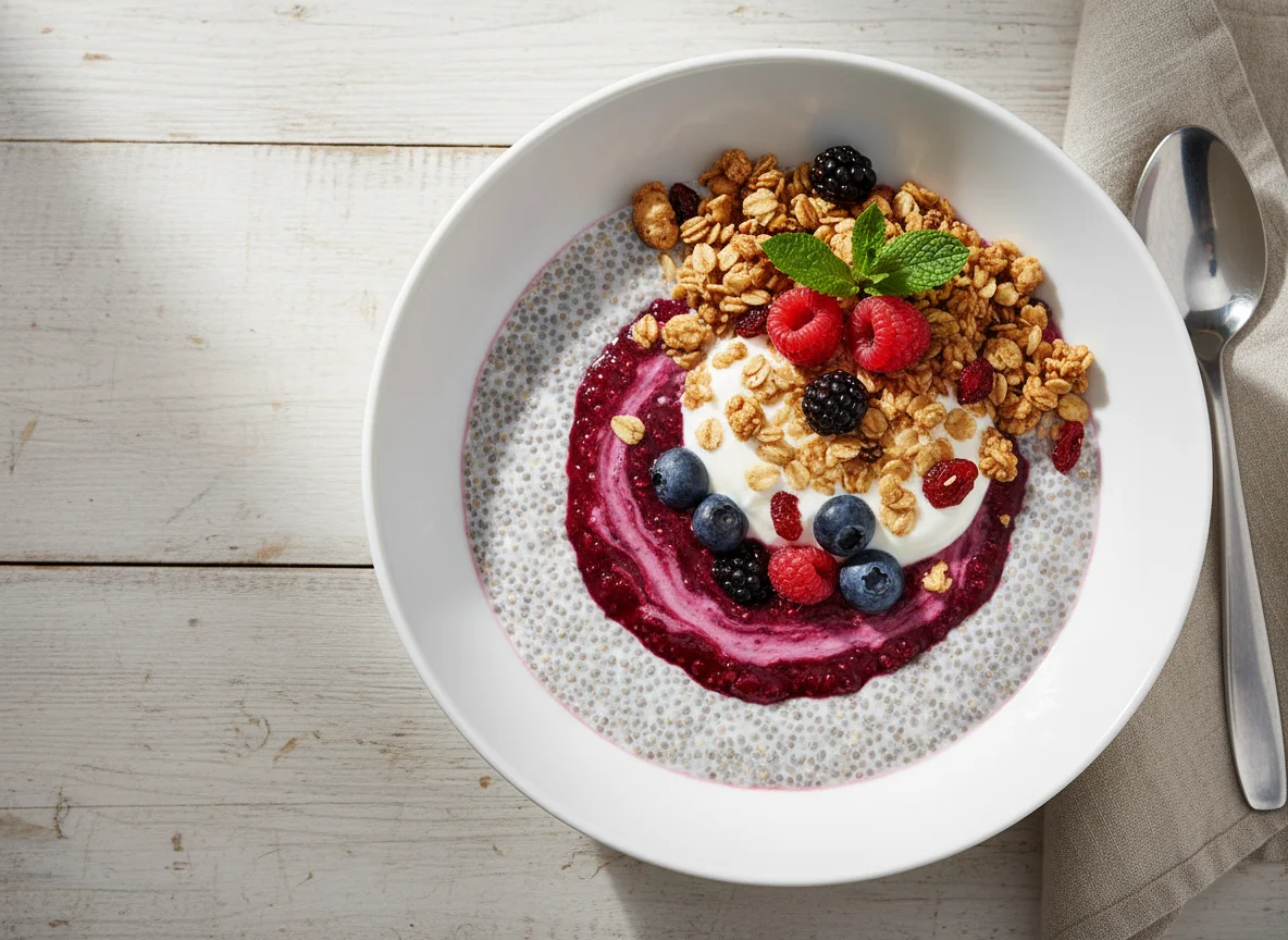 Chia-Pudding mit Fruchtpüree, Joghurt und Granola photo