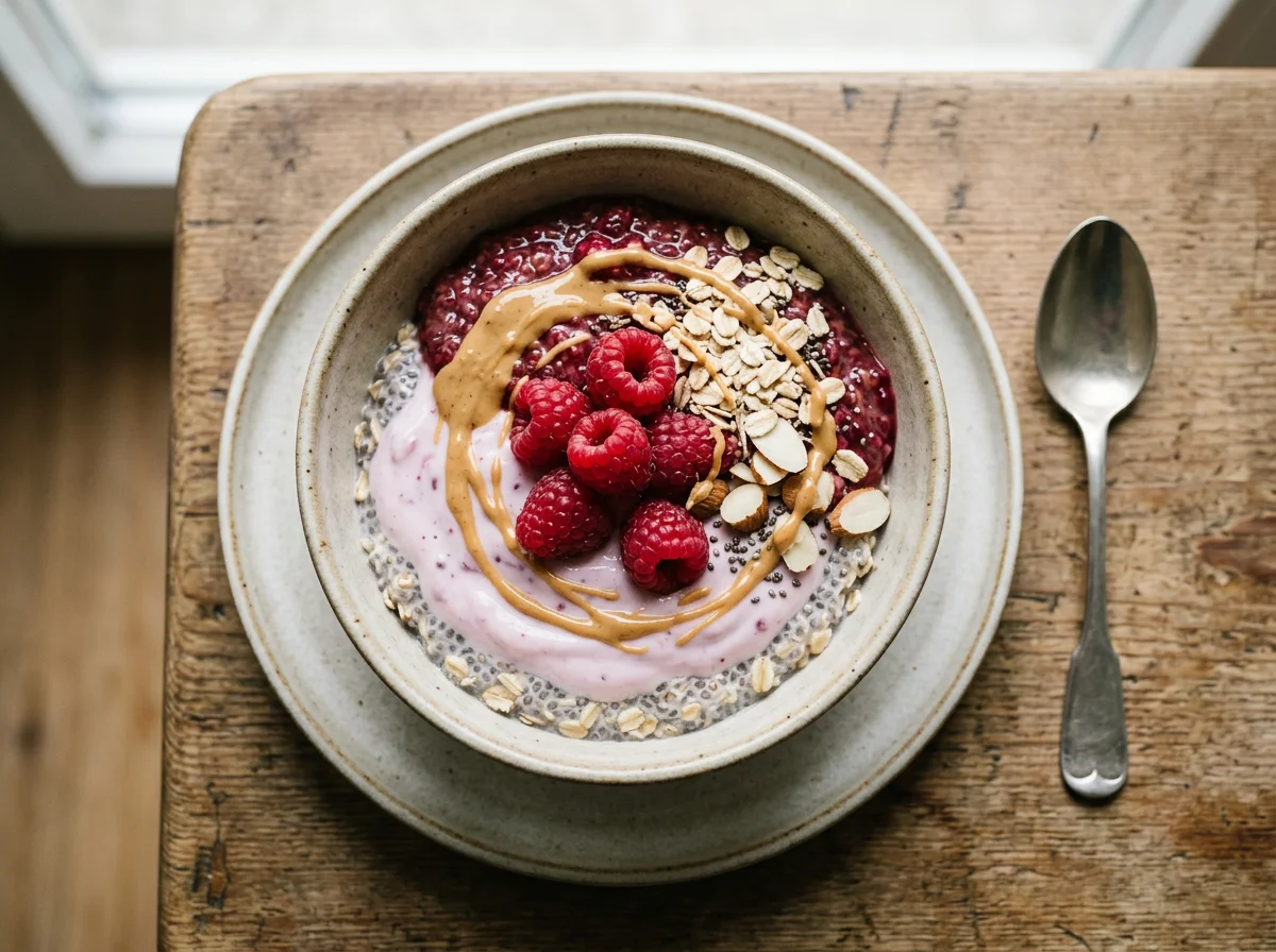 Chia-Pudding mit Haferflocken, Himbeeren, Joghurt und Erdnussbutter photo