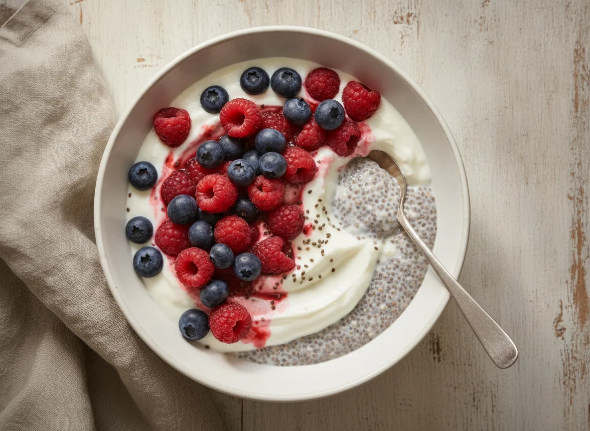 Chia-Pudding mit Joghurt und Beeren photo