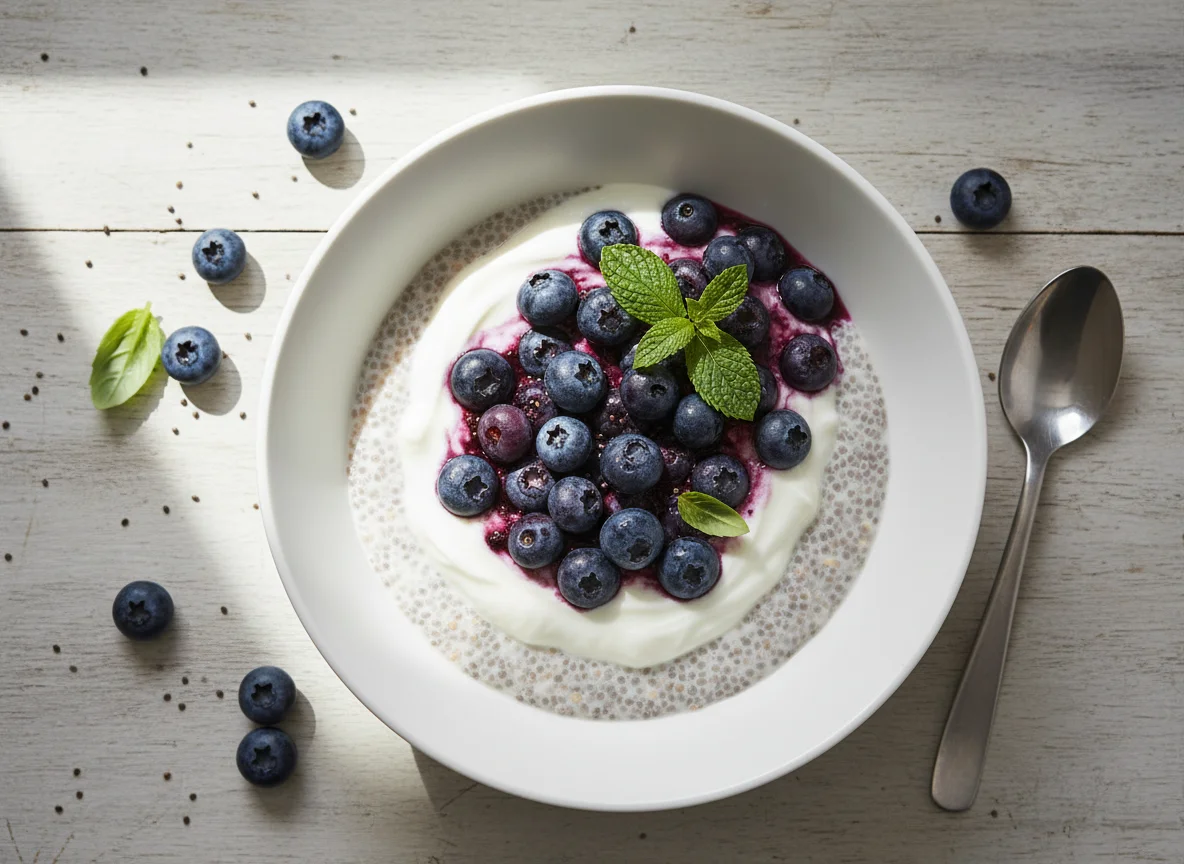 Chiapudding mit Joghurt und Blaubeeren photo