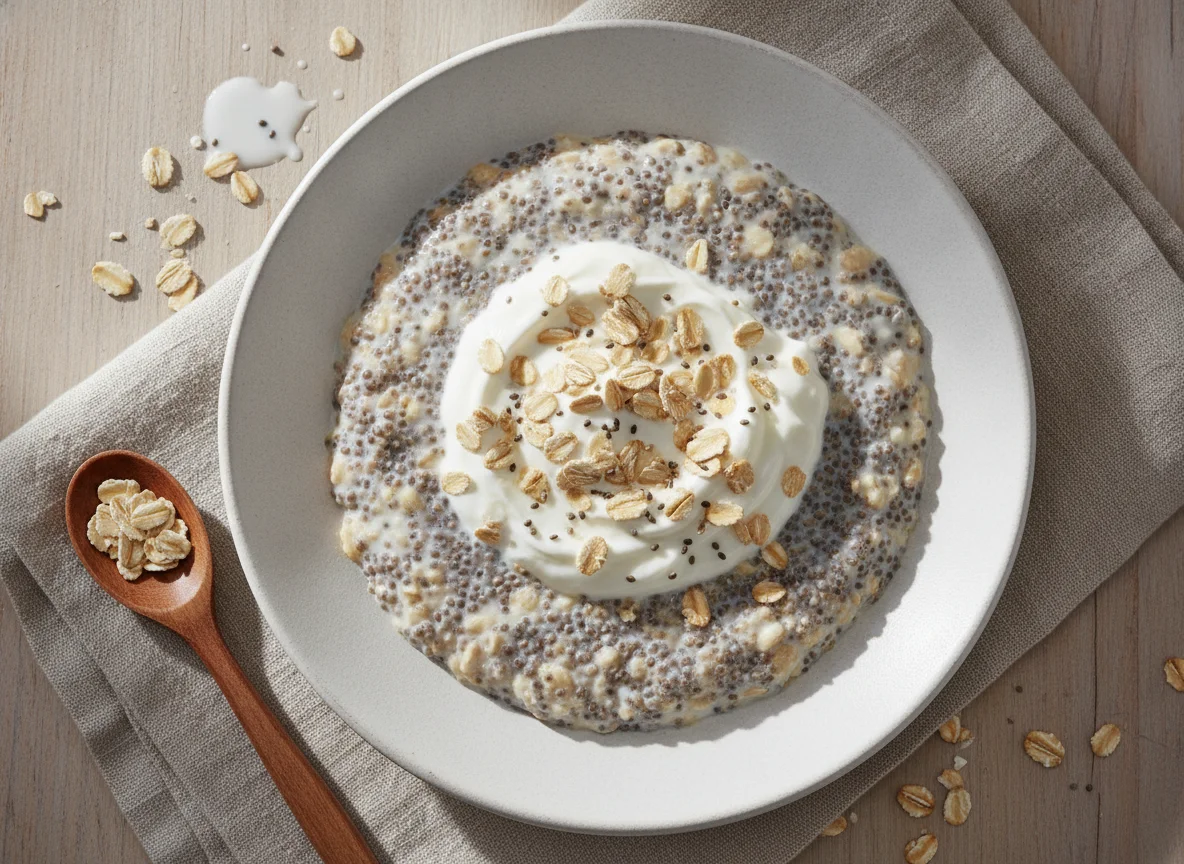 Chia-Pudding mit Joghurt und Haferflocken photo