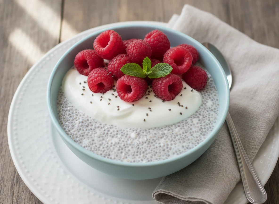 Chia-Pudding mit Joghurt und Himbeeren photo