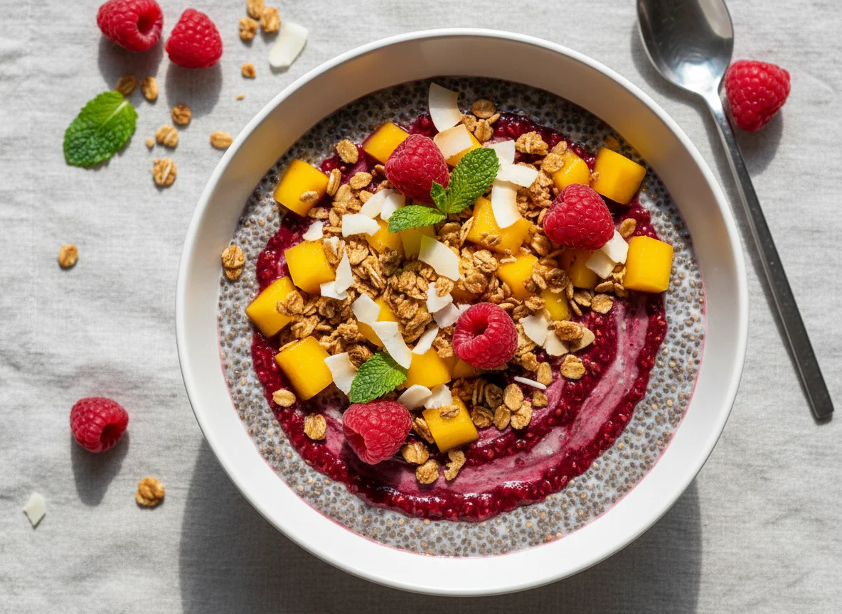 Chia-Pudding mit Mango, Himbeeren und Granola photo