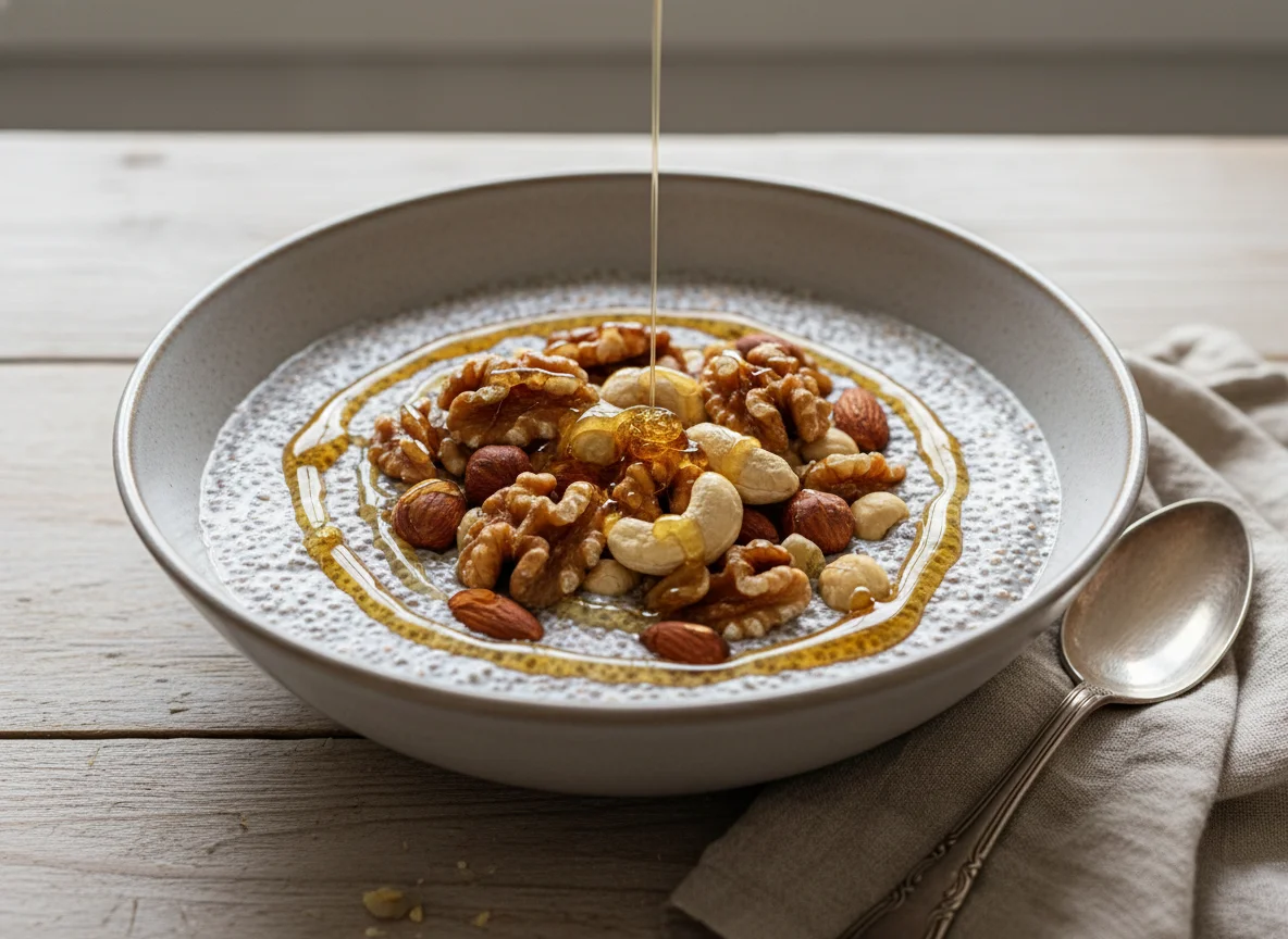 Chiapudding mit Nüssen und Honig photo