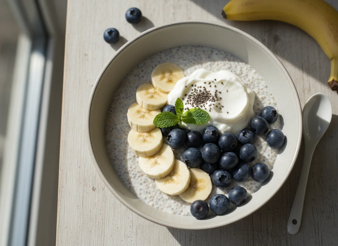 Chiasamenpudding mit Banane und Blaubeeren photo