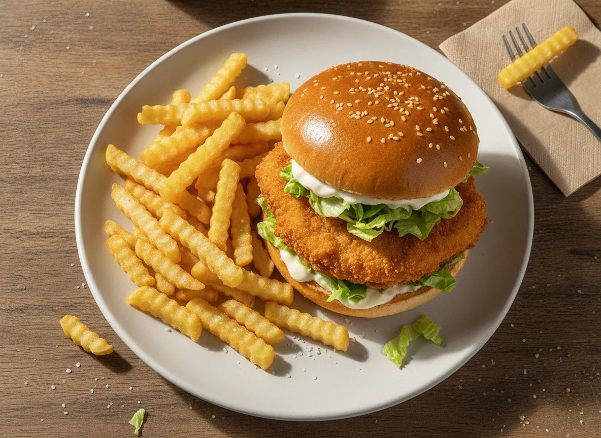 Chicken Burger mit Pommes Frites photo