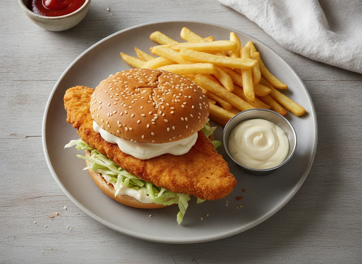 Chicken Burger mit Pommes photo