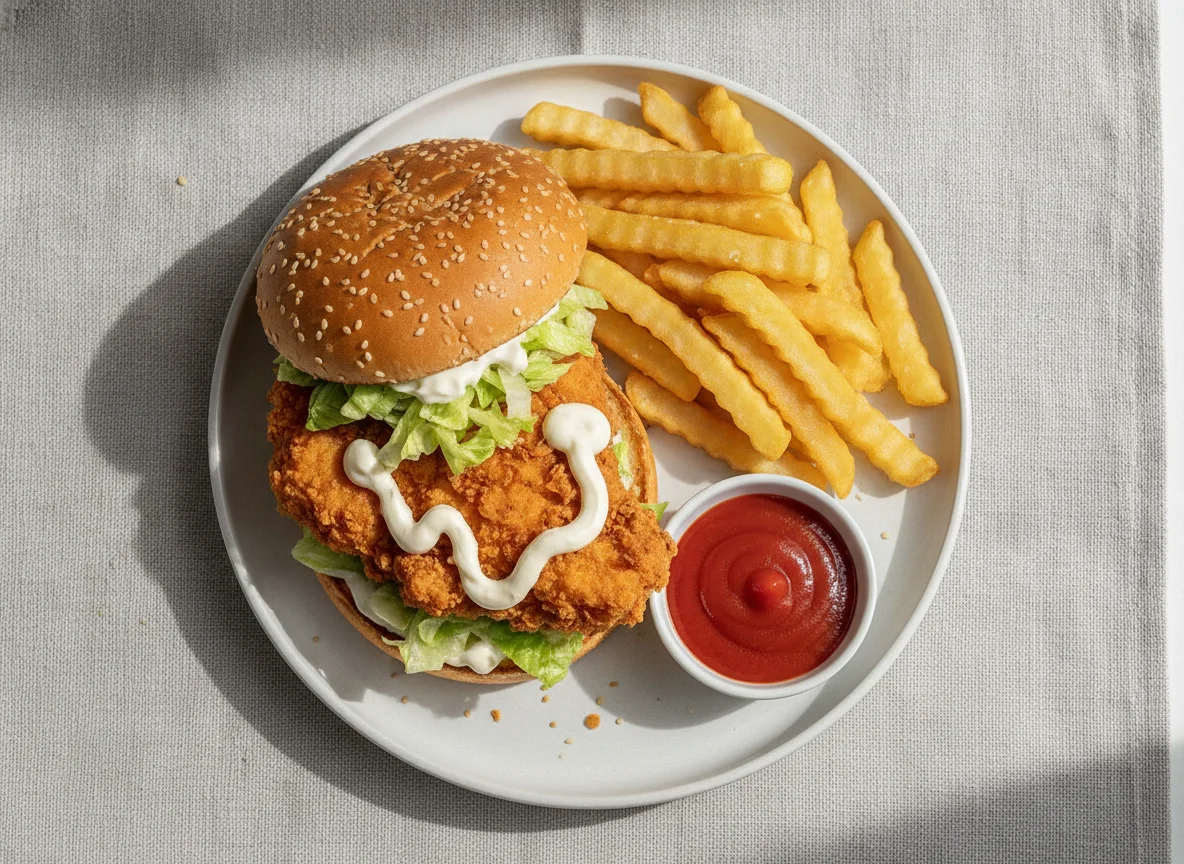 Chicken Burger mit Pommes und Ketchup photo