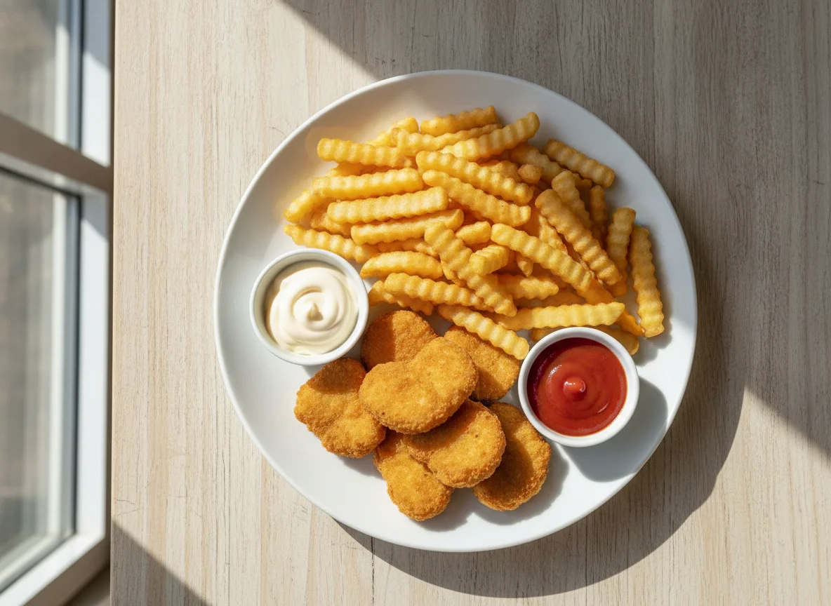 Chicken Nuggets mit Pommes frites, Mayonnaise und Ketchup photo